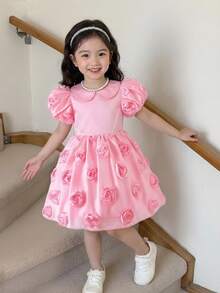 SHEIN Genkimix Kids Vestido de festa infantil com mangas em formato de pétala e detalhe floral, cintura franzida, elegante vestido de tule com flores para meninas, para todas as estações. - Rosa - Ver 6