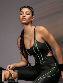 GLOWMODE Color Blocking Striped Sports Bra - Black - View 1