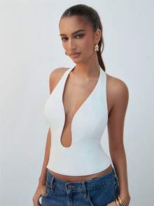 Hauture Solid Sexy Deep Plunge Halter Top - White - View 5
