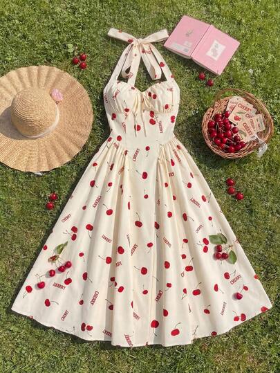 SHEIN MOD Plus Size Yellow Halter Umbrella Dress, Cherry Fruit Print Mid-Length Dress, Romantic Vacation Umbrella Dress.Plus Size Yellow Cherry Print Dress Halter Neckline Sweetheart Bodice Flared Midi Skirt Ruched Bust Vintage-Inspired Style Bow Tie Back Fitted Waist Soft Sheen Lightweight Fabric Playful Pattern Bright Red Accents Feminine Silhouette Elegant Drape Classic Charm Retro Look Gathered Detail Smooth Finish Summer Vibes, Summer Dresses