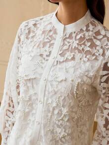 ZEYLAH Women's Cutout Long Sleeve Single-Breasted Elegant Mandarin Collar Blouse - White - View 2