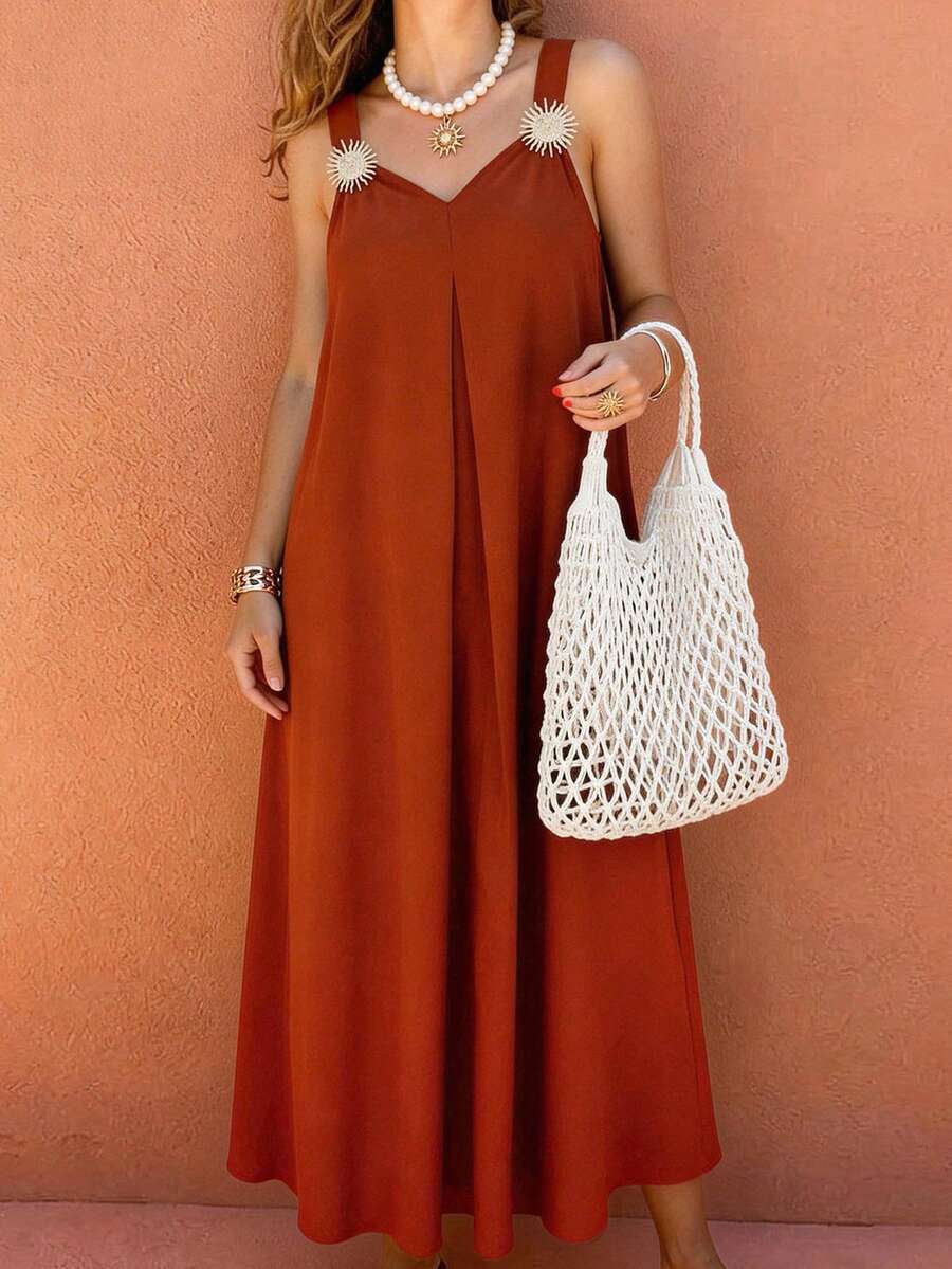 Vaclyn Women's Metal Sun Decor Loose Casual Vacation Dress - Red - View 1