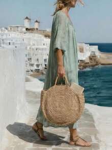 Breezaya 女士度假休闲深V领纯色连衣裙 - 綠色 - 查看 8