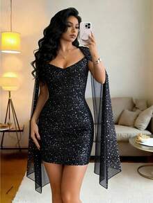 SHEIN Raffinéa 女士优雅性感不对称波点金属印花黑色针织短裙，适合晚宴、春夏穿着 - 黑色 - 查看 10