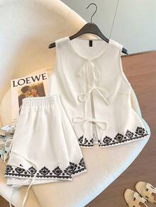 Qadelle Conjunto de 2 piezas de blusa sin mangas con estampado floral y espalda descubierta, y shorts para mujer - Albaricoque - Ver 3