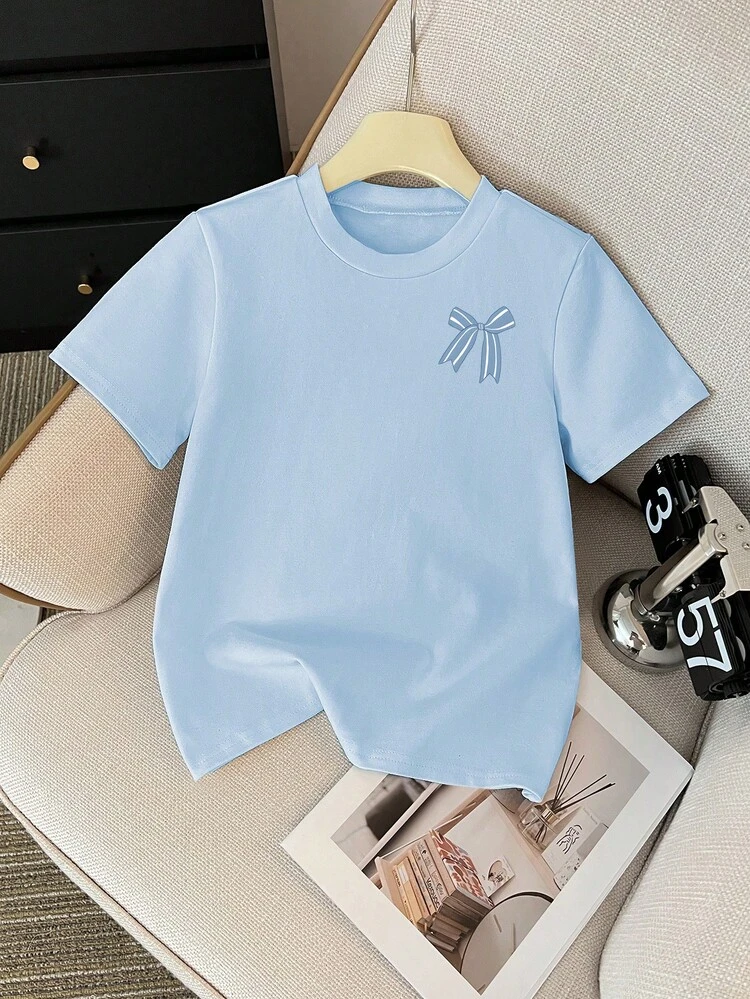 Tween Girls' Bow & Ocean Element Print Short Sleeve Top, Blue Round Neck Casual Comfortable Versatile T-Shirt, Suitable For Seasons, Vacation, Beach - Multicolor - View 4