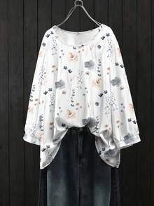 EMERY ROSE Áo sơ mi nữ thanh lịch, kiểu dáng thoải mái, cổ tròn, tay dài, thích hợp đi làm và đi nghỉ mát, chất liệu mềm mại, đa năng, cỡ lớn, phù hợp cho mùa xuân/hè/thu, áo sơ mi cổ tròn in họa tiết cỡ lớn. - Nhiều màu - Xem 1