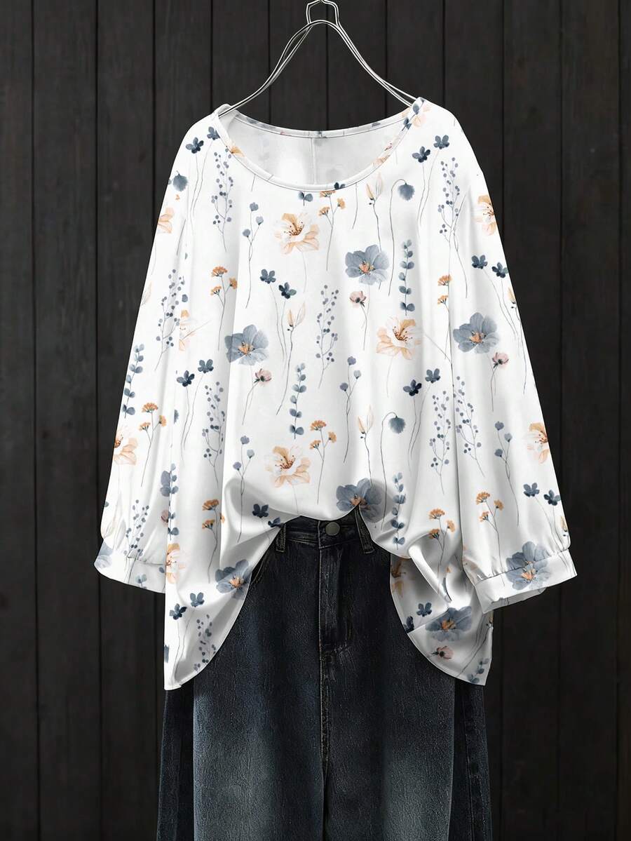 EMERY ROSE Áo sơ mi nữ thanh lịch, kiểu dáng thoải mái, cổ tròn, tay dài, thích hợp đi làm và đi nghỉ mát, chất liệu mềm mại, đa năng, cỡ lớn, phù hợp cho mùa xuân/hè/thu, áo sơ mi cổ tròn in họa tiết cỡ lớn. - Nhiều màu - Xem 1