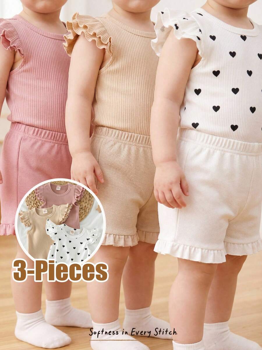 Cozy Pixies Set de 3 piezas de suéter de cuello redondo de manga larga con estampado de corazón para bebé niña - Rosa - Ver 1