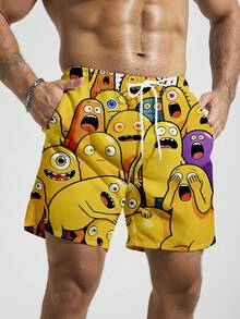 ZELFYO 男士抽绳腰卡通印花休闲沙滩短裤 - 黃色 - 查看 4