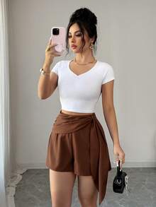SHEIN Elenzya Waist-Cinching Elegant Romantic Refined Women Shorts - Coffee Brown - View 1