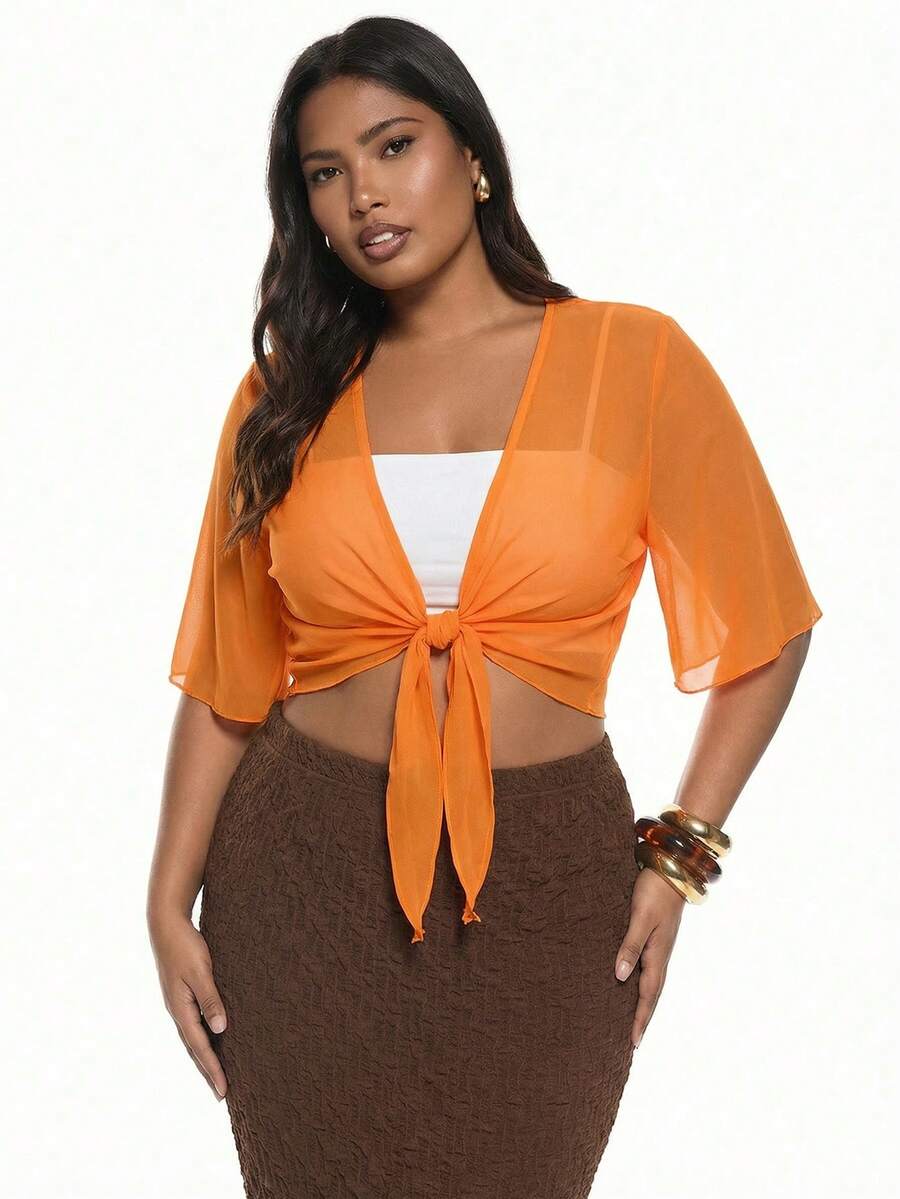 Solavibe Orange Casual Minimal Translucent Plus Size Thin Jacket - Burnt Orange - View 1
