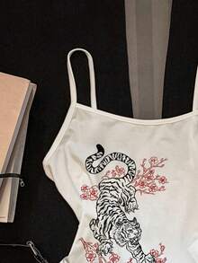 Attitoon 女士虎纹印花休闲吊带背心，95%棉，百搭 - 白色 - 查看 7