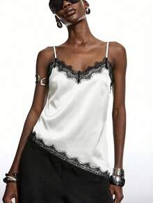 LYSMO Áo camisole nữ phối ren, kiểu dáng thường ngày, đa năng, thích hợp mặc hàng ngày. - trắng - Xem 3