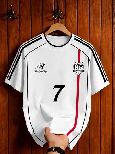 Aesthetic Post 1. 复古美式纽约7号运动短袖T恤\N2. 条纹拼接足球风格T恤，男女通用休闲运动衫\N3. 男女图案T恤\N4. 男士时尚运动T恤\N5. 足球/橄榄球装备