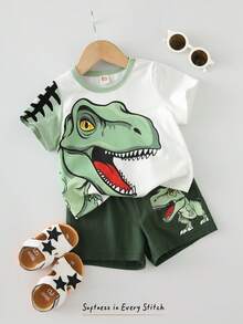 Cozy Pixies 2件套男婴卡通动物印花柔软针织圆领短袖上衣和松紧腰裤套装 - 綠色 - 查看 8