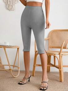 SHEIN Holidaya Quần legging lửng nữ màu trơn, cạp cao, kiểu dáng thường ngày, đa năng, ôm sát. - Xám - Xem 6