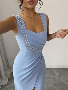 SHEIN Elenzya Đầm dự tiệc cocktail nhẹ nhàng, cổ vuông đính ngọc trai, viền bèo nhún, xẻ tà thanh lịch, lãng mạn, tinh tế dành cho quý cô - Màu xanh lam - Xem 7