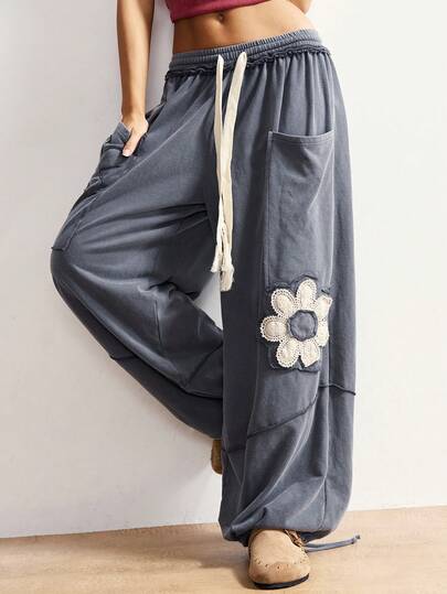 Bohemela Women's Casual Solid Color Knit Loose Drawstring Sweatpants