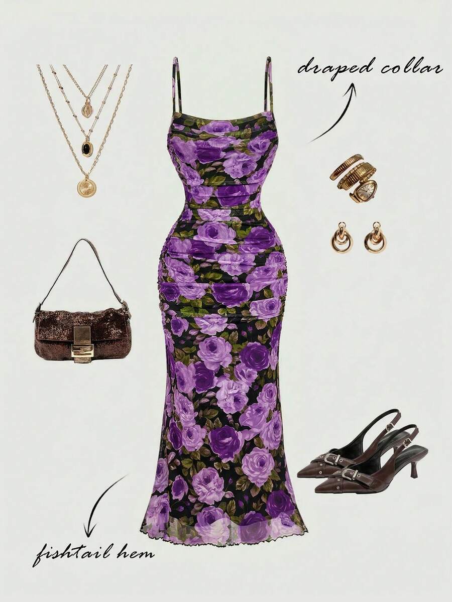 SHEIN MOD Vintage 70s Oil Painting Floral Print Ruched Dress – Slim Fit Mermaid Hem For Date, Party, Prom & Festival In Glamorous Court Style,Summer Dresses For Women - Purple - View 1
