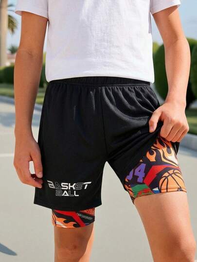 SHEIN Tween Boy Simple Figure Graphic Drawstring Waist Shorts, School;Spring Wear; Teen Boys' Clothing; Kids' Jackets, Spring Back To School