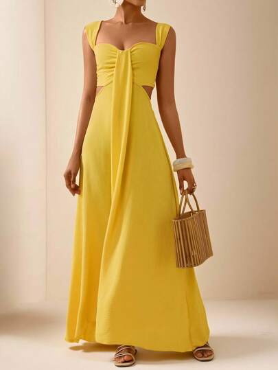 Vesra Women's Solid Color Sweetheart Neck Ruched Waist Cutout Sleeveless Dress