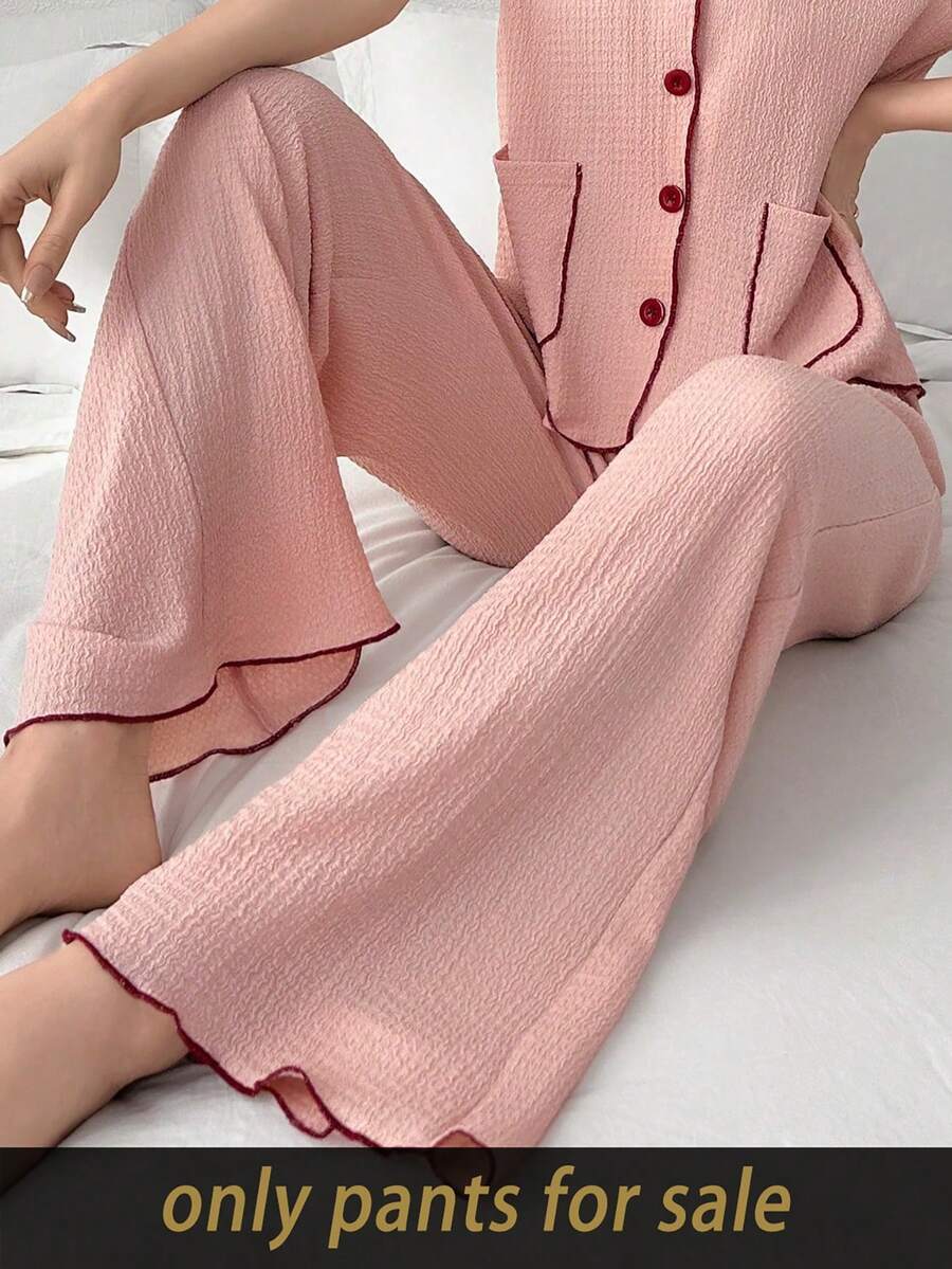 SHEIN Pantaloni de casă pentru femei, tricotați cu jacquard, cu garnitură în culori contrastante - Roz - Vizualizare 1