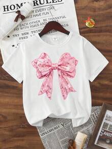 Tween Girl Summer White Cute School T-Shirt,Fashion Creative Sequin Bow Decor Graphic Print Basic Short Sleeve Tee,Refreshing Minimalist Daily Wear - White - View 5