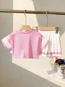 Souflis Souflis 2件套女婴幼儿0-3岁时尚V领粉色短袖针织上衣和百褶裙套装 - 粉色 - 查看 4