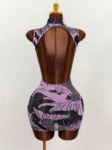 Mistrie Summer Vintage Dragon Print Sheer Mesh Hollow Out Chinese Collar Cheongsam Style Dress For Women,Purple Trashy Y2K Club Night Bodycon Dresses - Mauve Purple - View 2