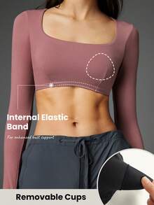 GLOWMODE Ribbed Modal Square Neck Long Sleeve Ultra Crop Top With Thumbhole - Dusty Pink - View 5