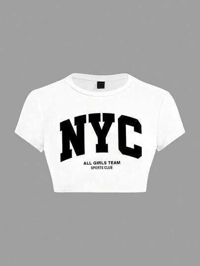 SHEIN ICON Casual Minimalist Pattern Round Neck Short Sleeve Fitted Cropped Women T-Shirt