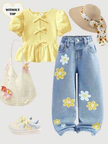 SHEIN Young Girl' Loose Fit Blue Denim Pants With Embroidered Floral Pattern - Light Wash - View 1