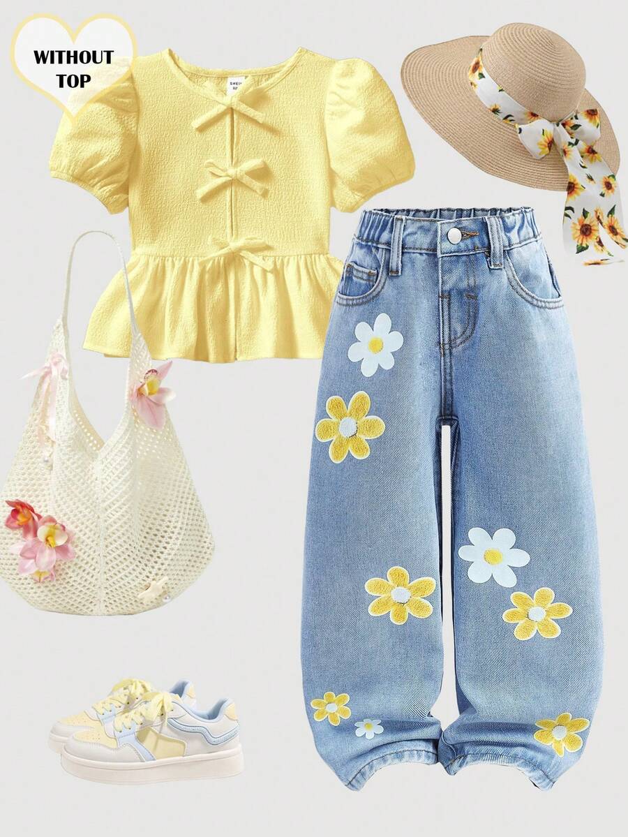 SHEIN Young Girl' Loose Fit Blue Denim Pants With Embroidered Floral Pattern - Light Wash - View 1