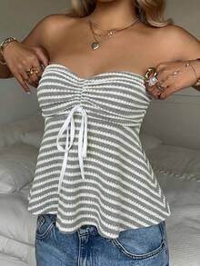 CovetEZ Grey Striped Ruched Bandeau Top, Summer,Summer Top - Multicolor - View 4