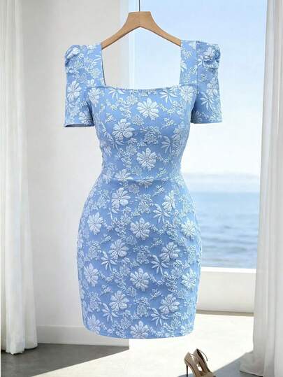 GlowEve Women's New Spring/Summer Blue Woven Floral Jacquard Square Collar Puff Sleeve Ruched Waist A-Line Short Dress, Sophisticated, Elegant, Retro, Minimalist, Suitable For Vacation, Valentine's Day, Date, Daily Wear, Fitted, Versatile