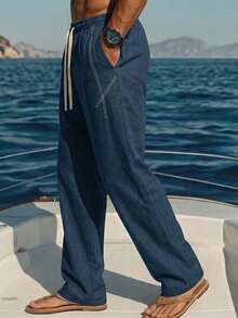 VIVINTIMO Pantalones casuales para hombres con bolsillos, cintura elástica con cordón, corte holgado - Azul Marino - Ver 3