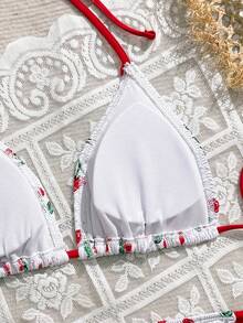 Swim Mod 2pcs/Set Women's Cherry Print White Cute Spaghetti Strap Bikini Set,New Arrival Summer Fashion Swimwear,Holiday Pool Party Beach Resort Outfit - Multicolor - View 7