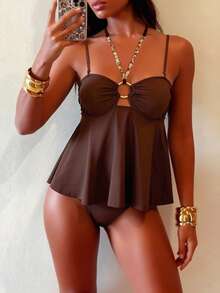 Swim Lushoire Women's Casual Vacation Beach Party Mesh Fabric Bikini Two Pieces Swimwear Brown One Piece Swimwear Brown Bathing Suit One Piece Swim Dress One Piece Bathing Suit Brown Swimwear - Brown - View 3