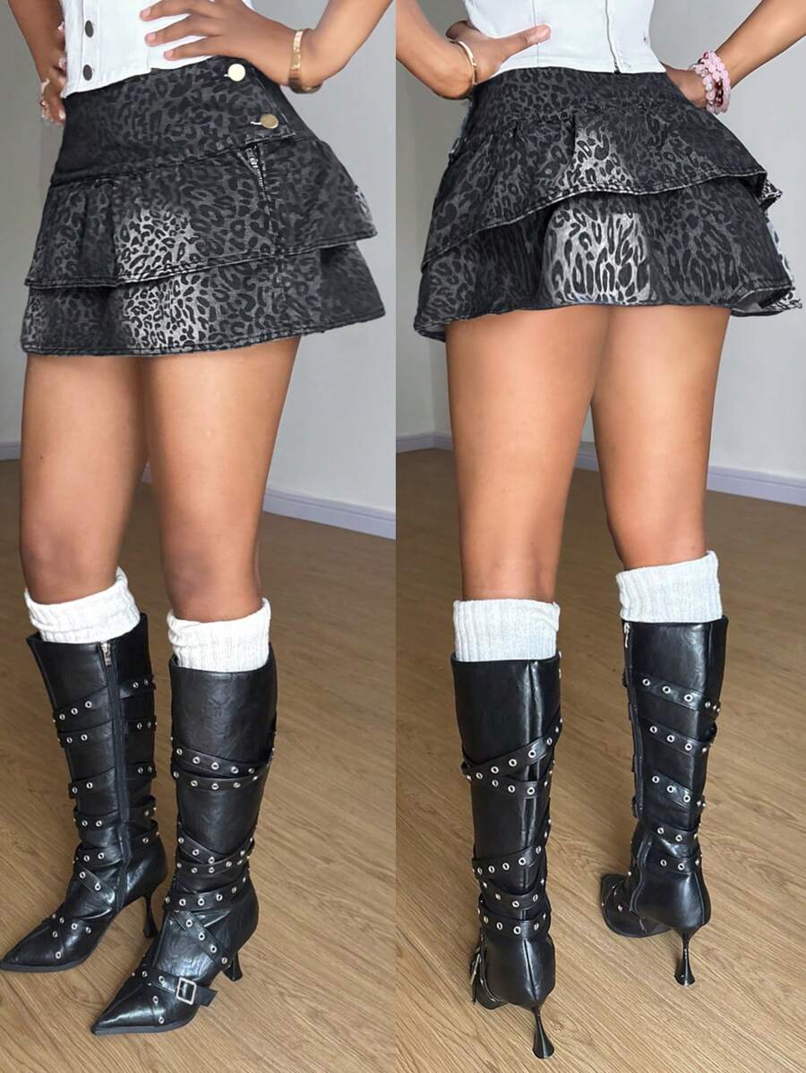 StreetHx Women's Fashionable Leopard Print Ruffle Hem Denim Mini Skirt, Summer - Multicolor - View 1