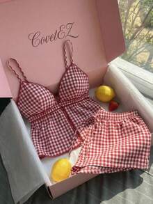 CovetEZ Conjunto informal de 2 piezas de mujer con camiseta de tirantes a cuadros y shorts, para verano - Rojo y blanco - Ver 5