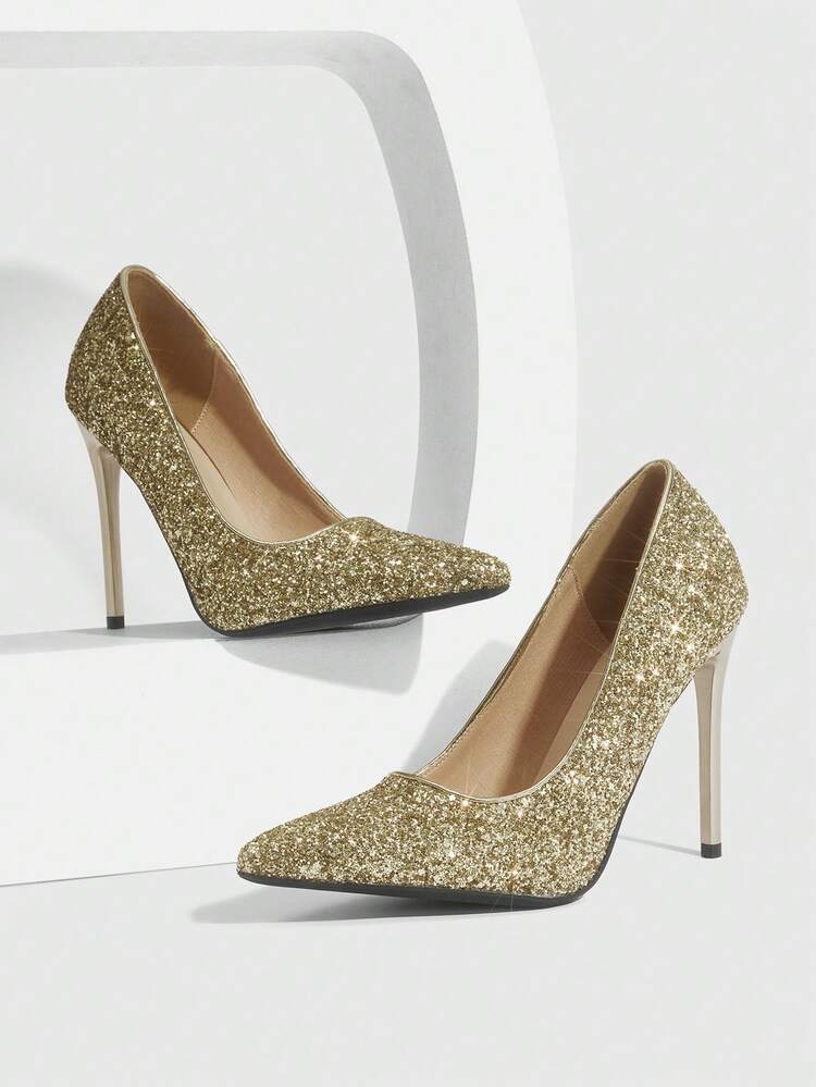 CUCCOO SZL Women Shoes Women's Pointed Stiletto Gold Shiny Glitter Women's High Heel Shoes Elegant Elegant Fashion Gorgeous Sexy Suitable For Parties Parties Banquets Nightclubs And Other Occasions Women's Shoes High Heels Spring Shoes