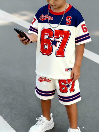 SHEIN Coolqubz 2pcs/Set Toddler Boys' Casual Creative Numeric 67, Star, Stripe, Letter Print Short Sleeve T-Shirt And Shorts Outfit, Comfortable Daily Wear, Cozy Summer Styles Suitable For Spring, Summer & Autumn