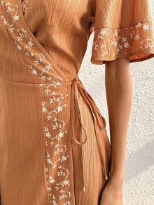 Breezaya Women's Yellow Embroidered V-Neck Dress,Short-Sleeved Boho Crossover Tie-Waist Adjustable Ruffled Summer Holiday Beach Vacation,Beige Country Style - Orange - View 5