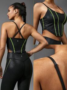 GLOWMODE Color Blocking Striped Sports Bra - Black - View 6