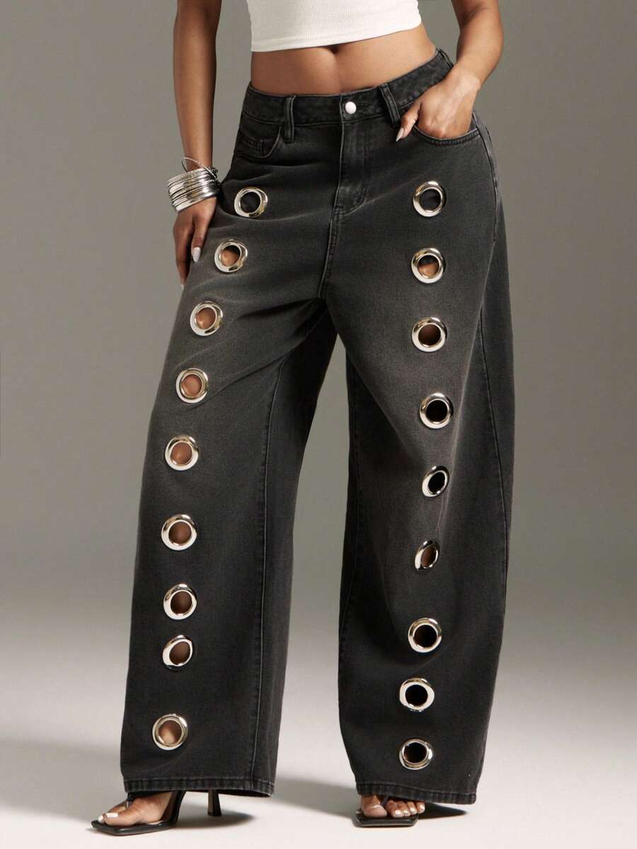 Denimoi O-Ring Metal Hardware Detail Wide Leg Jeans Fashionable Streetwear Statement Jeans - Black - View 1