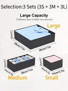 1 2 3 Pcs Large Foldable Fabric Storage Boxes Set Black Organizer For Wardrobe Drawer Makeup Table Multifunctional Closet Organizer Home Storage Solution - Black - View 16