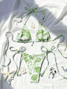 Swim Vcay 女士沙滩度假纹理面料随机印花贝壳装饰露背系带性感比基尼套装 - 綠色 - 查看 2