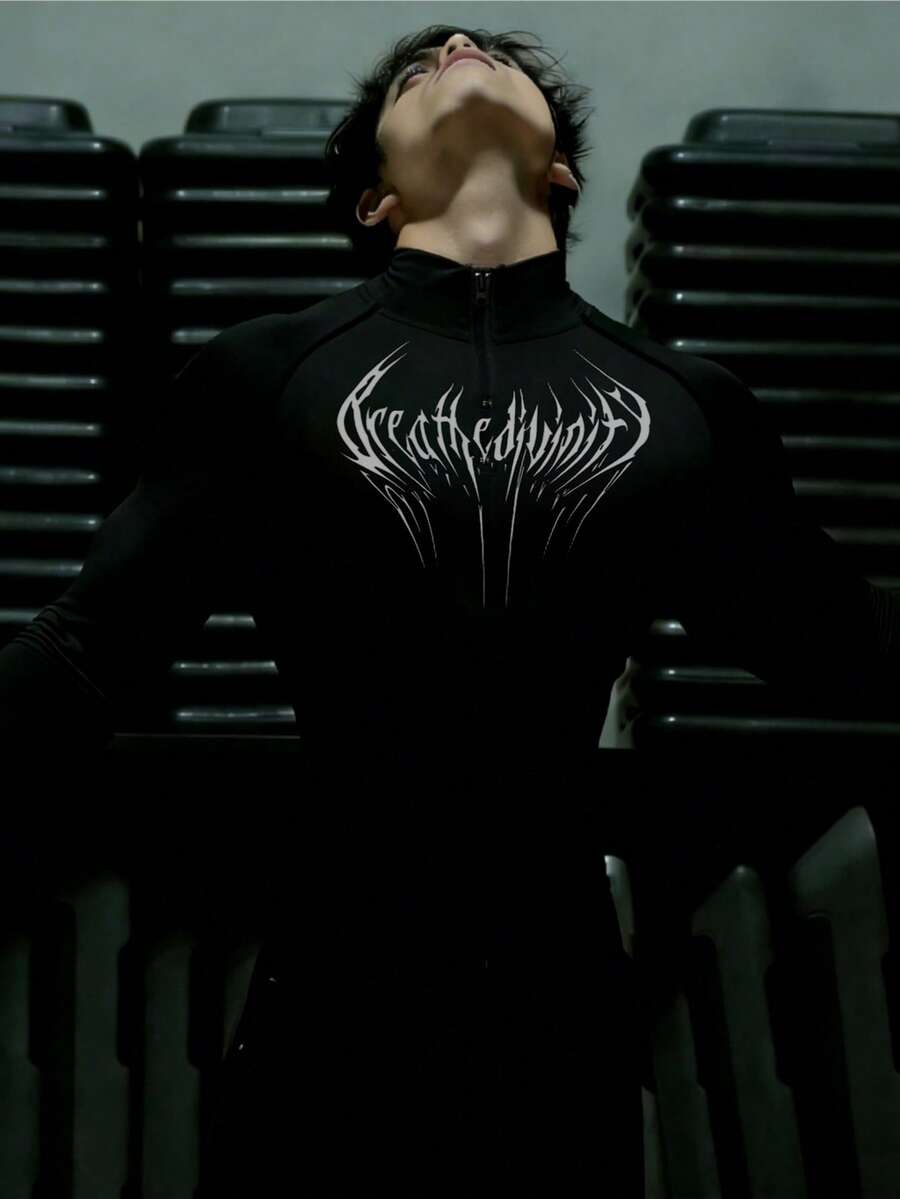 RISE LYT 男士字母印花立领长袖运动T恤 - 黑色 - 查看 1