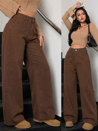 SHEIN Tall Pantalones vaqueros anchos de cintura alta vintage de verano para mujeres altas, informales y de uso diario, con dobladillo crudo, sueltos, de pierna ancha y color marrón